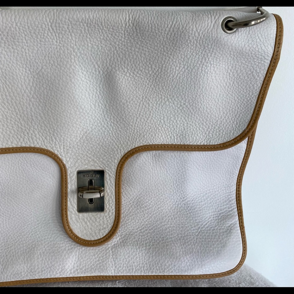 Hogan white and tan butter soft leather messenger bag
